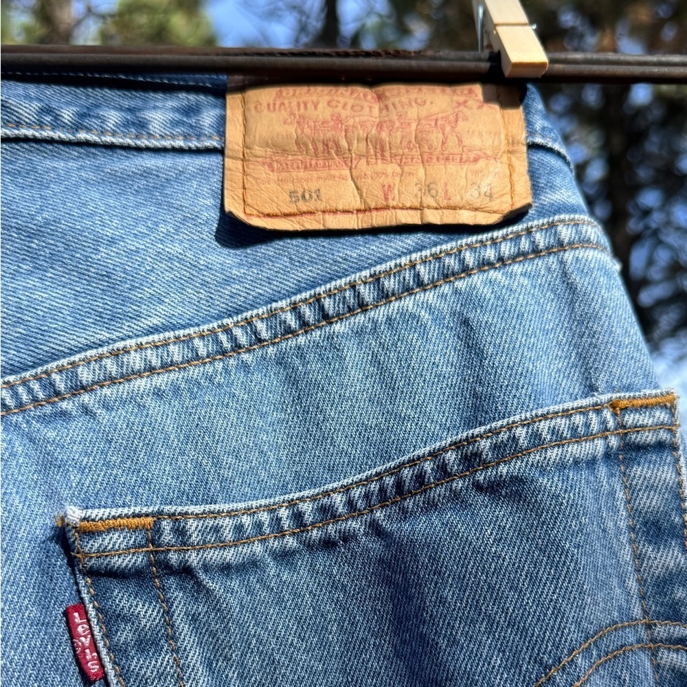 Levi’s 501 Button Fly Men’s  (label 36”x34”) cutoff hem-actual is 34”x 28”